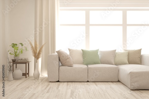 Soft color living room with sofa. Scandinavian interior design. 3D illustration