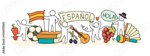 Banner with little peoplen and spanish symbols.