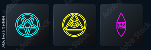 Set line Pentagram in a circle, Wizard warlock and Masons. Black square button. Vector