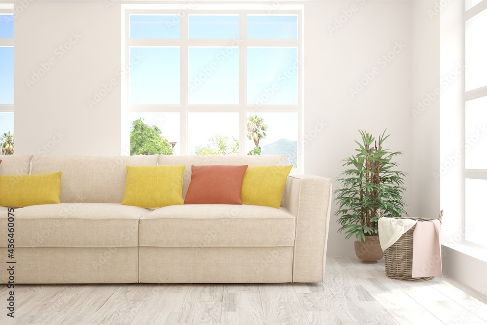 White living room with sofa and summer landscape in window. Scandinavian interior design. 3D illustration White living room with sofa and summer landscape in window. Scandinavian interior design. 3D illustration