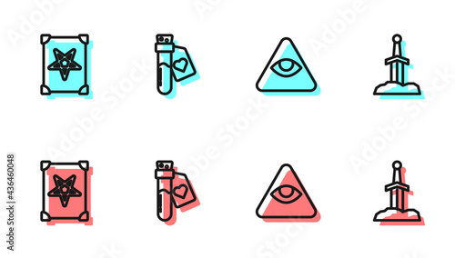 Set line Masons, Ancient magic book, Bottle with love potion and Sword in the stone icon. Vector