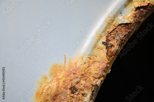 Close-up of rusty wheel arches on a silver car. automobile corrosion and the effect of road chemicals on the condition of the car body