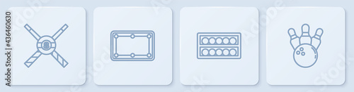 Set line Crossed billiard cues and ball, Billiard balls on stand, table and Bowling pin. White square button. Vector