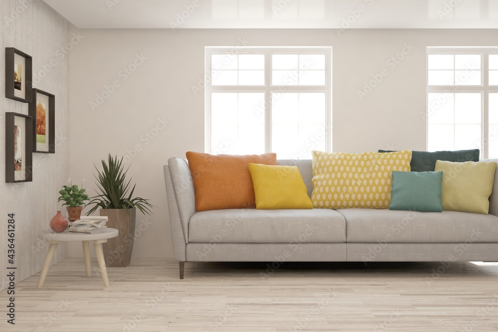 Naklejka premium White living room with sofa. Scandinavian interior design. 3D illustration