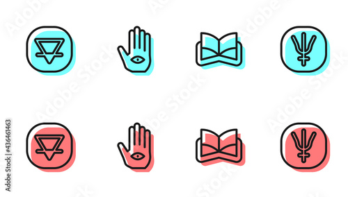 Set line Ancient magic book, Earth element, Hamsa hand and Neptune planet icon. Vector