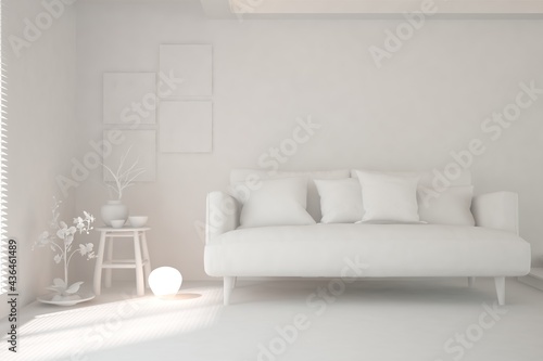 Mock up of minimalist living room in white color with sofa. Scandinavian interior design. 3D illustration