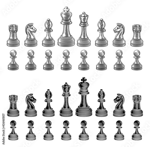 Chess Pieces Set Vintage Woodcut Style