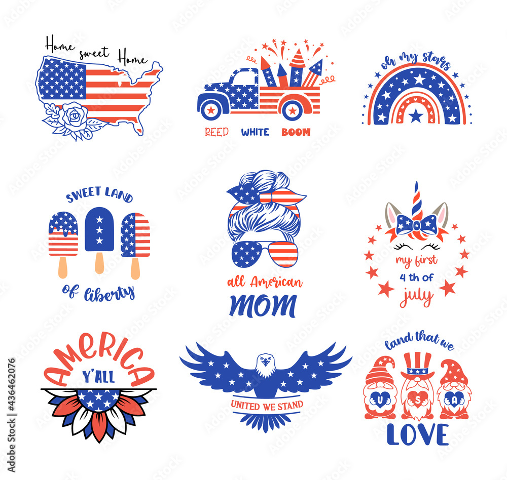 Set of patriotic signs and symbols. Vector prints for 4th of July with quotes. Independence day design elements in the colors of the US national flag.