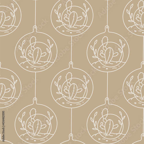 Seamless succulent and cactus plants seamless pattern. Vector tropical illustration of desert flowers in terrarium. Hand drawn line doodle nature print.