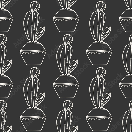 Seamless succulent and cactus plants seamless pattern. Vector tropical illustration of desert flowers in a pot. Hand drawn line doodle nature print.