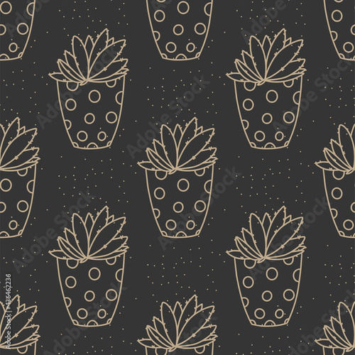 Seamless succulent and cactus plants seamless pattern. Vector tropical illustration of desert flowers in a pot. Hand drawn line doodle nature print.