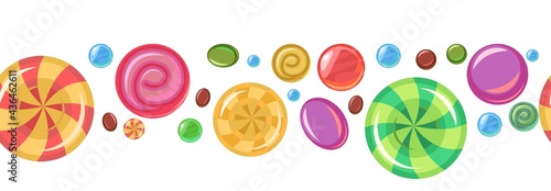 Sweets and scattered. Seamless. Assorted dessert interspersed. Candy caramel. Border seamless. Flat Background illustration. Vector