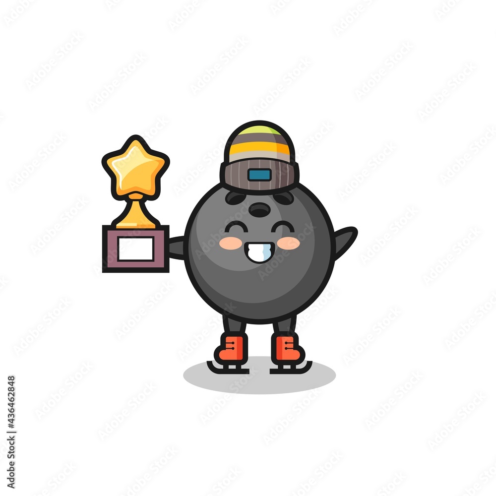 bowling ball cartoon as an ice skating player hold winner trophy