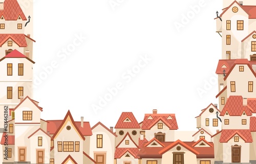 Cartoon houses. Village or town. Frame. A beautiful, cozy country house in a traditional European style. Nice funny home. Rural building. Illustration Vector © Ирина Мордвинкина