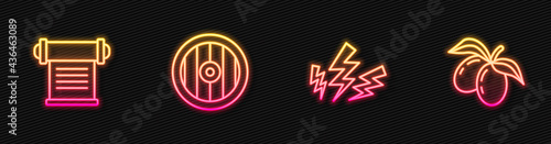 Set line Zeus, Decree, parchment, scroll, Greek shield and Olives branch. Glowing neon icon. Vector