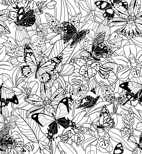 Tropical linear flowers  plants with butterfly seamless pattern. Floral wallpaper on white background for greeting cards  coloring pages.