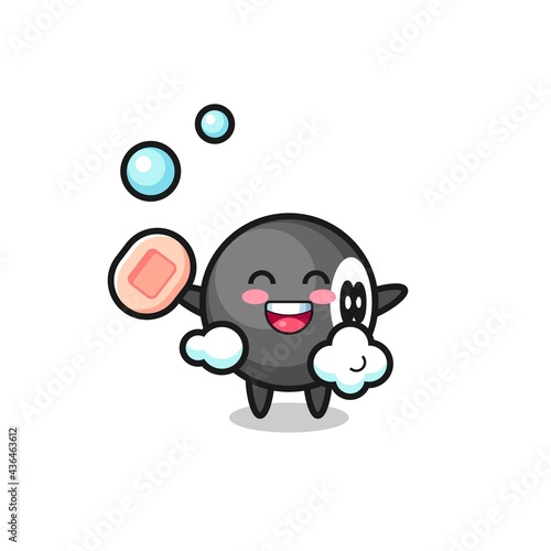 8 ball billiard character is bathing while holding soap