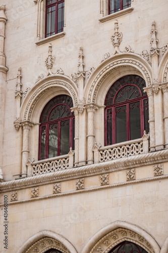 Manueline details in windows of the Rossio train station building, Lisbon PORTUGAL © Liliana