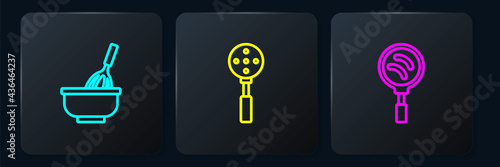 Set line Kitchen whisk with bowl, Frying pan and Spatula. Black square button. Vector
