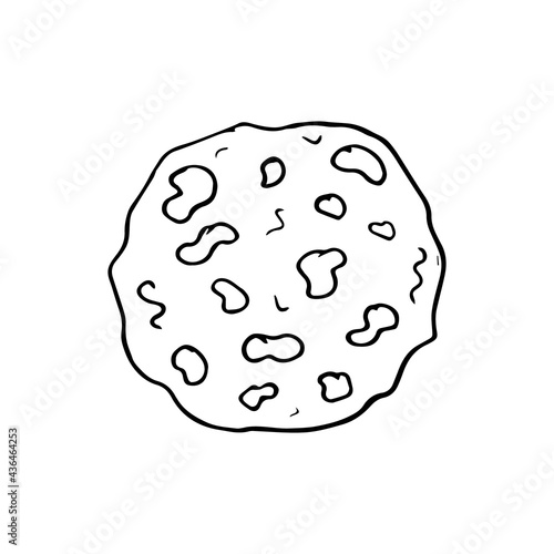 Hand-drawn asteroid with craters and impact marks on the surface. Doodle style, simple minimalistic drawing. Fantasy cosmic sketch, line art.Isolated.Vector illustration.