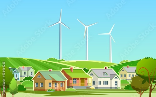 Wind power generator. Suburb of the village. Cartoon flat style. An environmentally friendly source of renewable energy. Turbine with blades. In the meadow. Sky. Vector