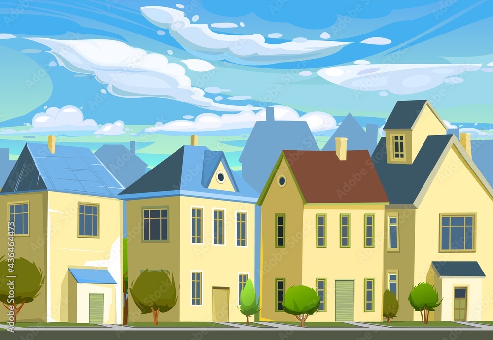 A village or a small rural town. Small houses. Street in a cheerful cartoon flat style. Small cozy suburban cottages with trees and sky. Vector.