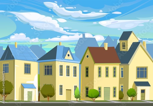 Fototapeta Naklejka Na Ścianę i Meble -  A village or a small rural town. Small houses. Street in a cheerful cartoon flat style. Small cozy suburban cottages with trees and sky. Vector.