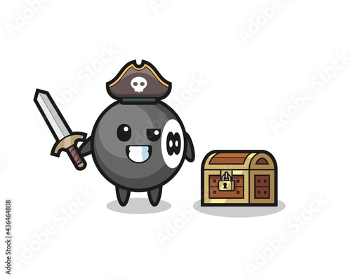 the 8 ball billiard pirate character holding sword beside a treasure box