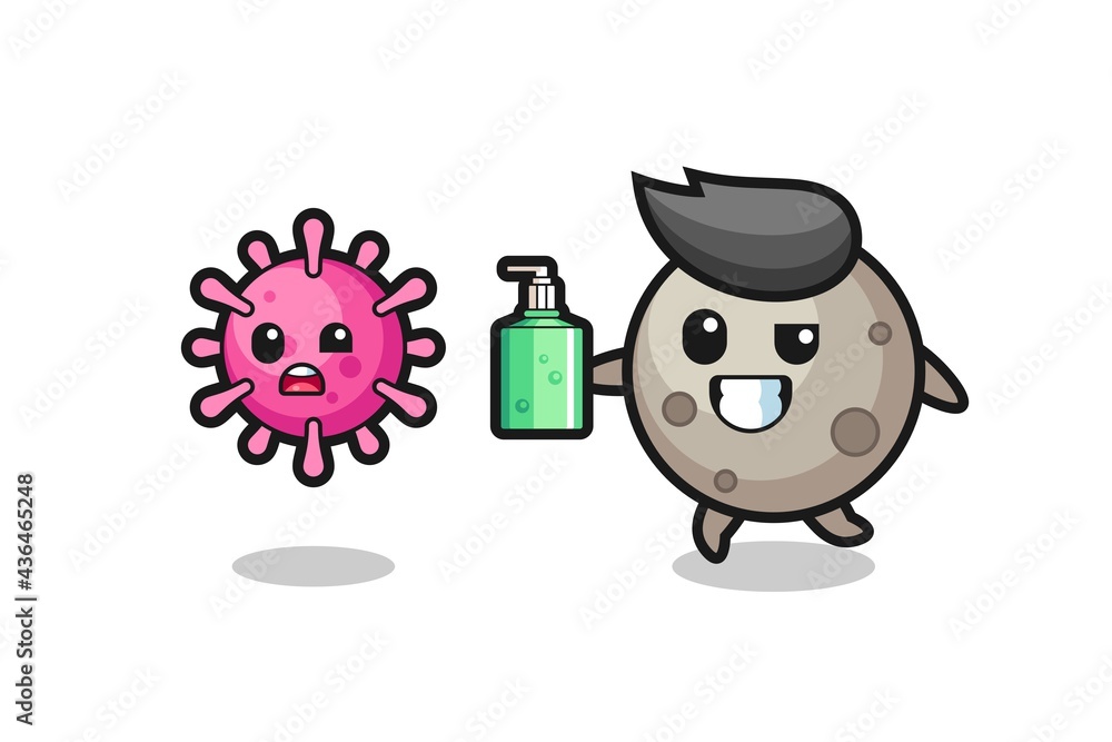illustration of moon character chasing evil virus with hand sanitizer illustration of moon character chasing evil virus with hand sanitizer
