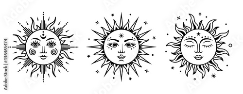 Set of boho sun. Vector silhouette design. Alchemy and astrology symbol. Solar sign. Monochrome celestial print. Engraving vintage illustration.