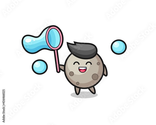 happy moon cartoon playing soap bubble