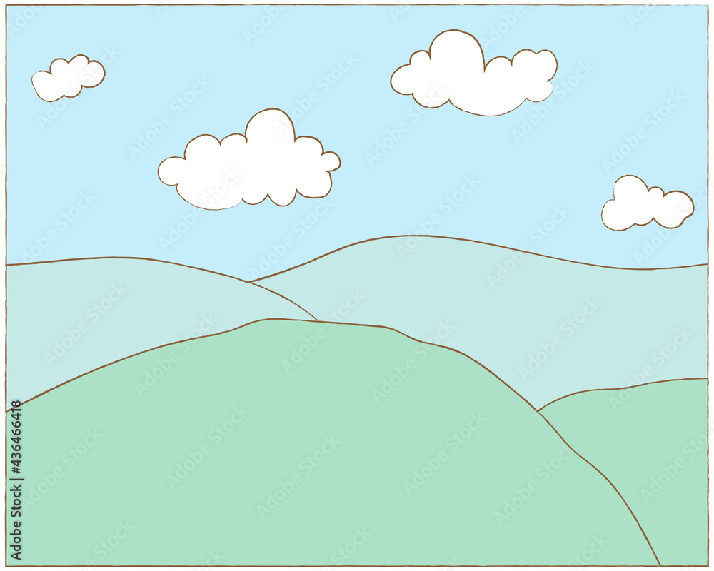 Fototapeta premium Hand drawn cute summer landscape with hills and sky, vector illustration