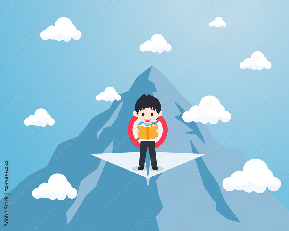 Business Man Holding Business Plan Stand On Paper Plane And Still Learning Business Man Holding Business Plan Stand On Paper Plane And Still Learning