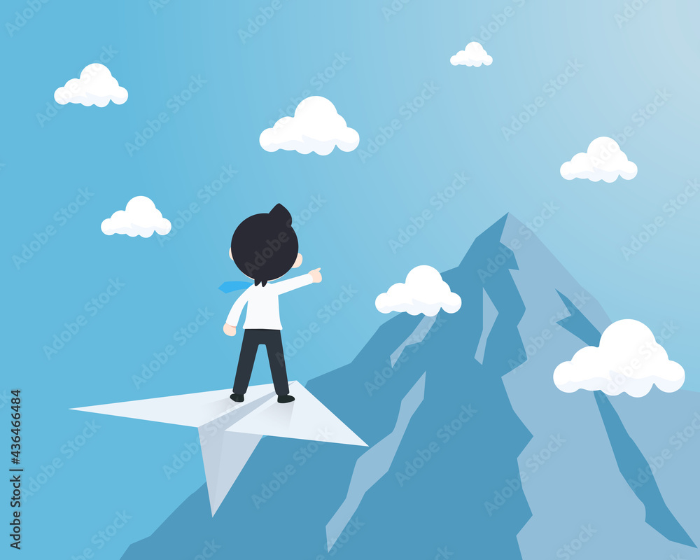 Business man standing on a paper plane and Heading to the top of the mountain Business man standing on a paper plane and Heading to the top of the mountain