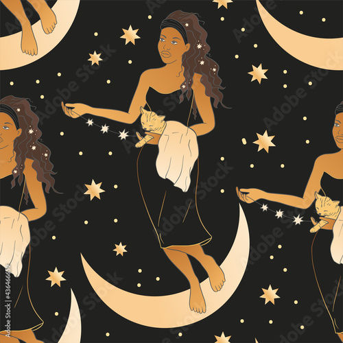 Celestial African American woman with moon and cat esoteric golden seamless pattern. Boho astronomy astrology lunar magic background.