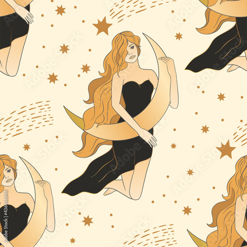 Celestial woman and moon esoteric golden seamless pattern. Boho astronomy astrology lunar magic background.