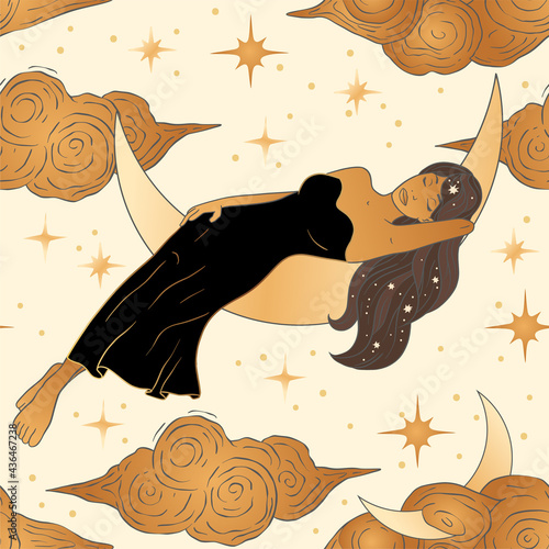 Celestial African American woman and moon esoteric golden seamless pattern. Boho astronomy astrology lunar magic background.