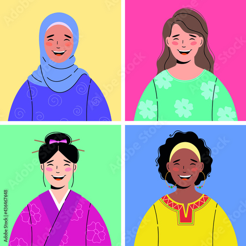 4 diverse beautiful happy smiling women avatar icons. Races and nationalities diversity, multicultural, multi ethnic female characters collection.