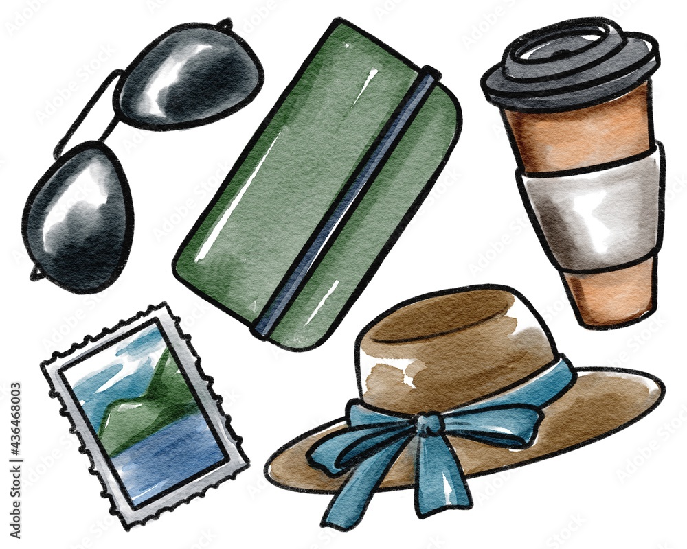 Hand drawing watercolor traveling summer vacation set: sunglasses, coffee, note, hat, postage stamp. Use for card, poster, postcard, background, print, invitation Hand drawing watercolor traveling summer vacation set: sunglasses, coffee, note, hat, postage stamp. Use for card, poster, postcard, background, print, invitation