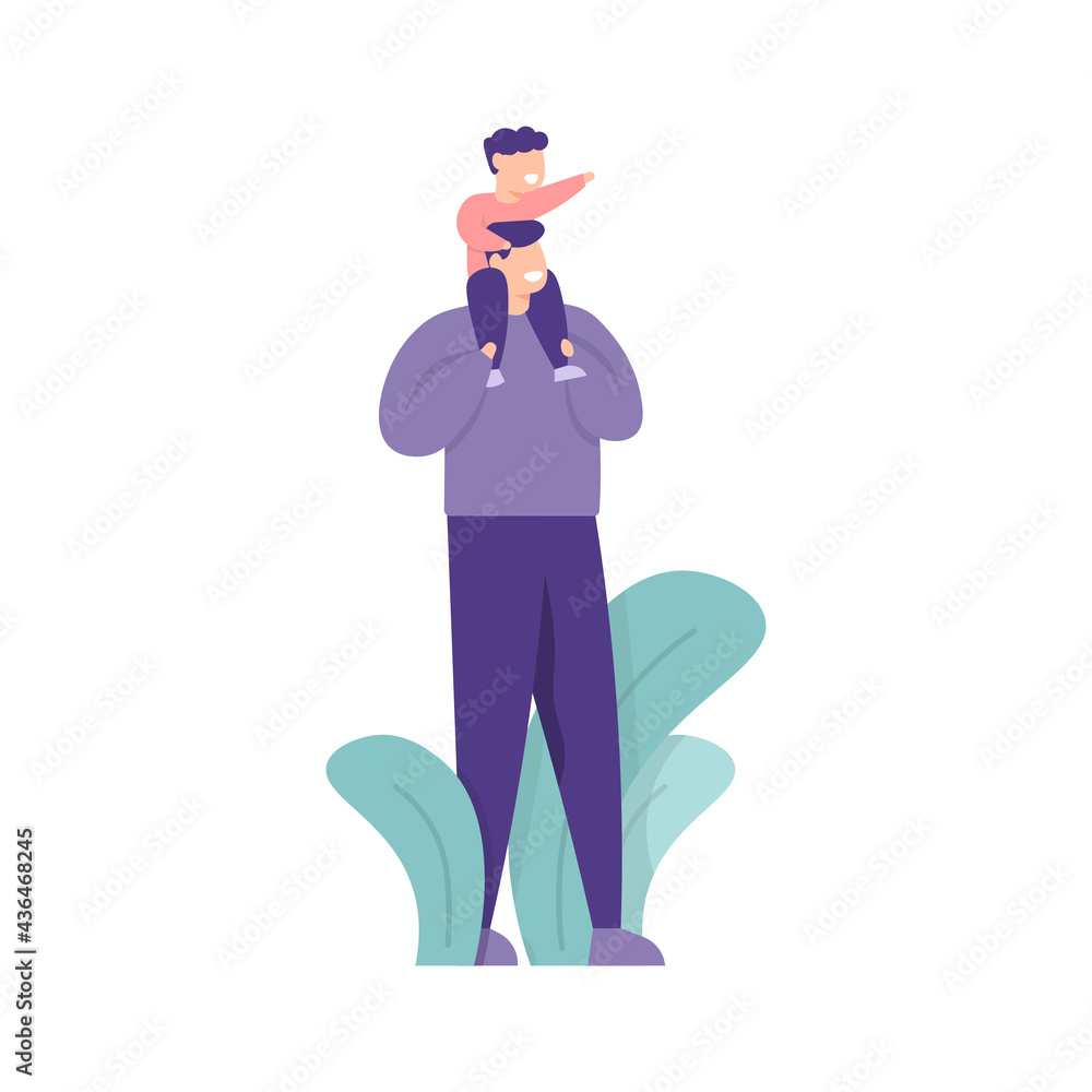 concept of father's day, family time. illustration of a father carrying his child on the shoulder. activities of children and fathers. flat style. vector design