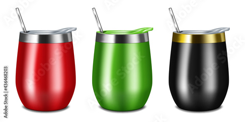 Tumbler cup with lid and metal drinking straw isolated on white background, realistic vector illustration. Travel thermo mug. Color set. Easy to recolor