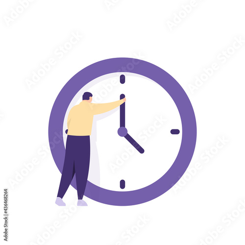 the concept of organizing and managing time, management. a manager turns the hands of the clock to set. strategy and efficiency in managing time. flat style. vector design