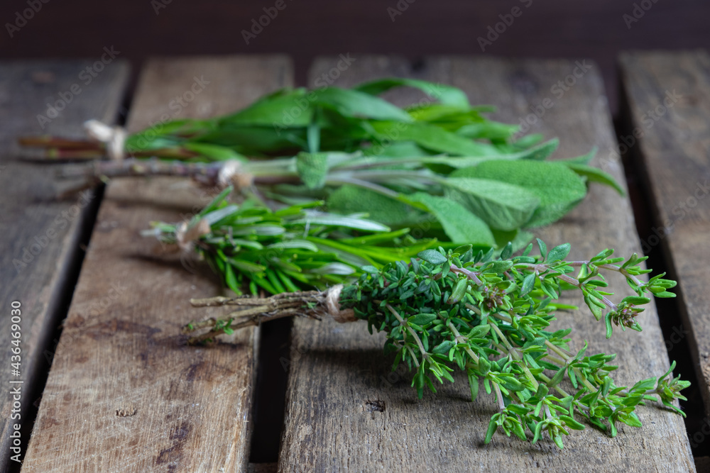 Fresh herbs and spices on wooden table Fresh herbs and spices on wooden table