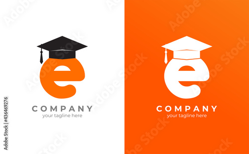letter e logo concept wearing a toga hat. Symbolizes intelligence.  Vector illustration of EPS 10.