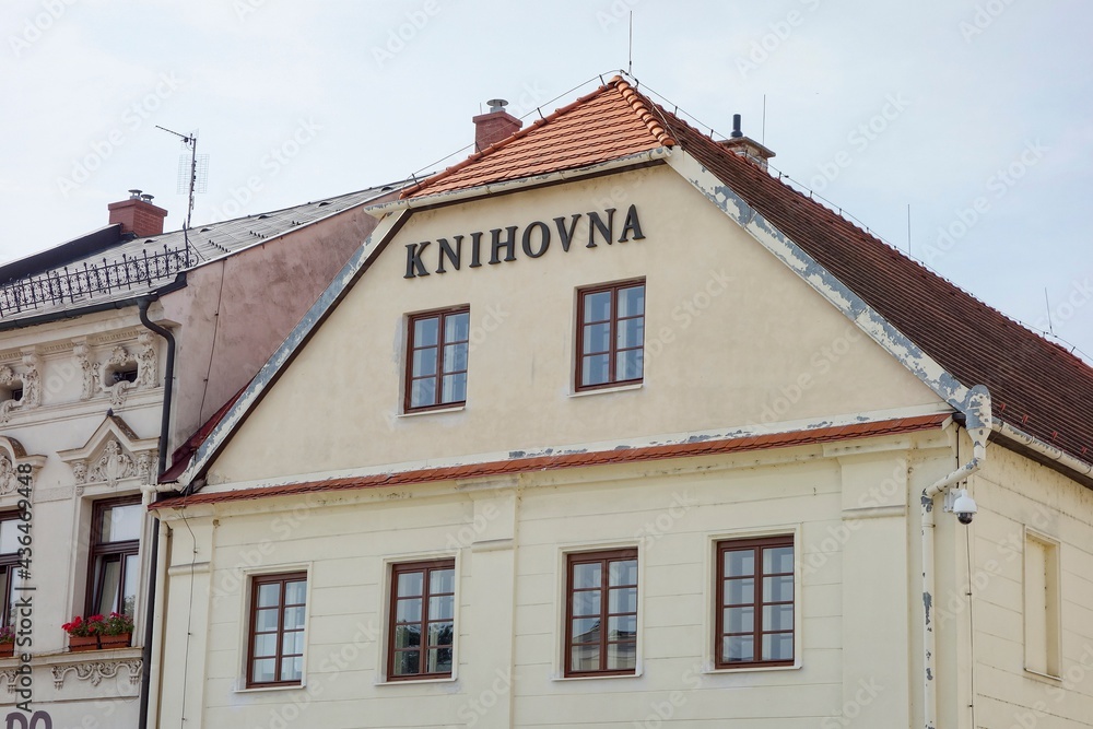 Old building of library (knihovna in Czech language) in Karvina, Czech Republic
