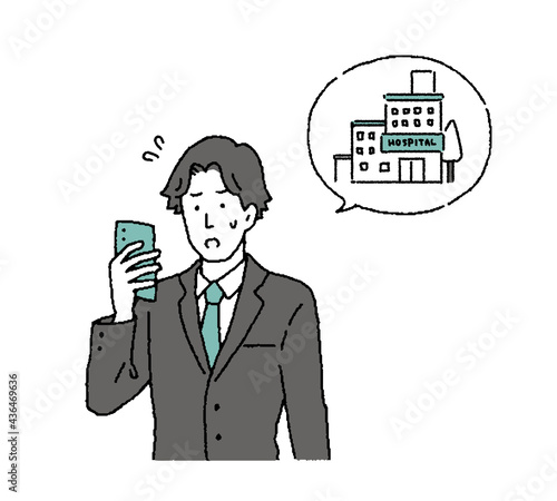 シンプルタッチ　スマホで病院に電話するビジネスマンのイラストレーション
