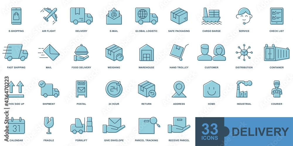 Delivery, shipping, logistics minimal thin line, solid, glyph, color, filled web icon set. Outline icons collection. Simple vector illustration.