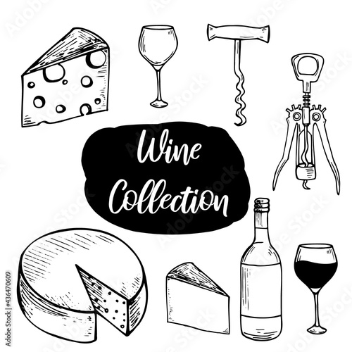 Wine collection hand drawn doodle icons. Bottle of wine, corkscrew, cheese, etc.