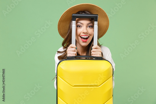 Konstfotografi Close up satisfied fun traveler tourist woman in casual clothes hat hiding with
