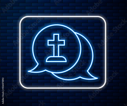 Glowing neon line Man graves funeral sorrow icon isolated on brick wall background. The emotion of grief, sadness, sorrow, death. Vector